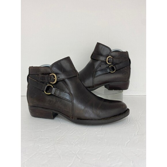 Born Boot Sz7 M Short Boots Brown Leather Women D86123 Brass Colored Buckle - Picture 4 of 8